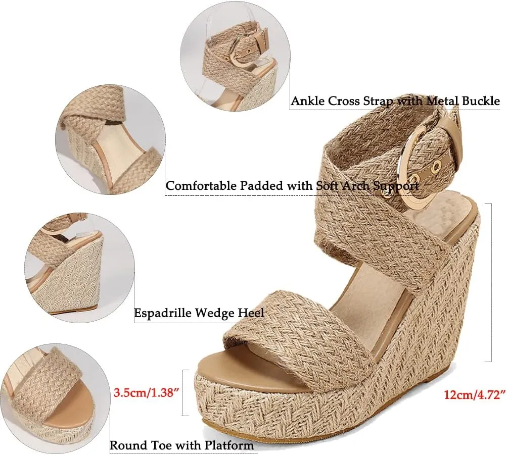 VARECOLA Wedge Sandals For Women Platform Espadrilles High Heels Straw Woven Ankle Strap Open Toe Summer Dress Shoes