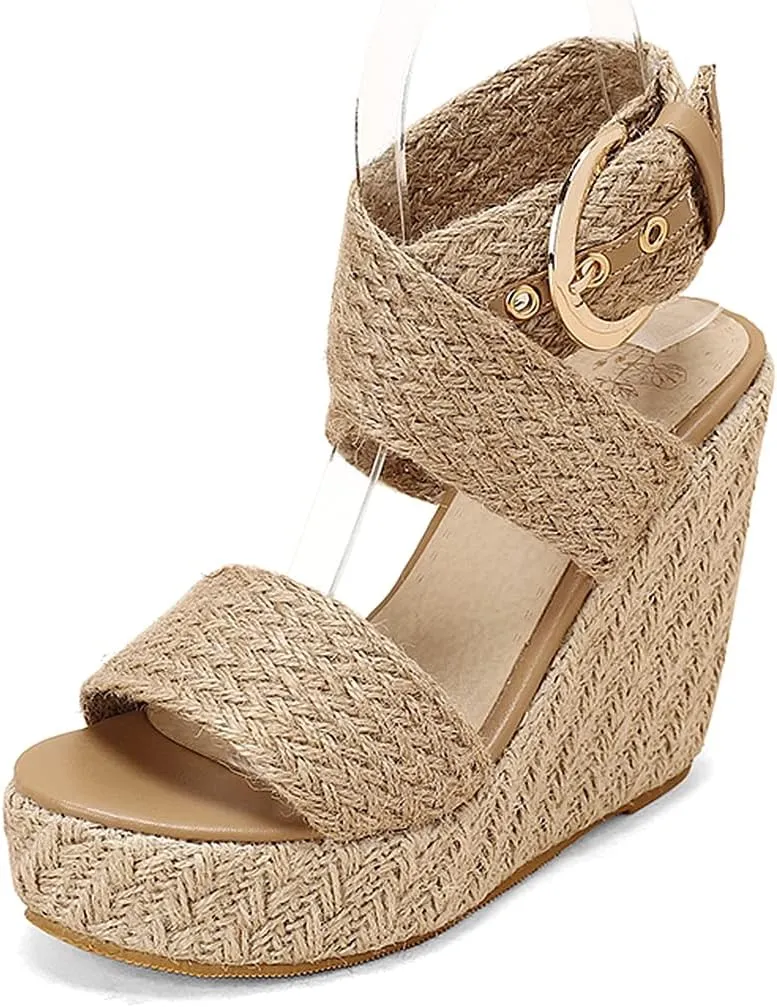VARECOLA Wedge Sandals For Women Platform Espadrilles High Heels Straw Woven Ankle Strap Open Toe Summer Dress Shoes