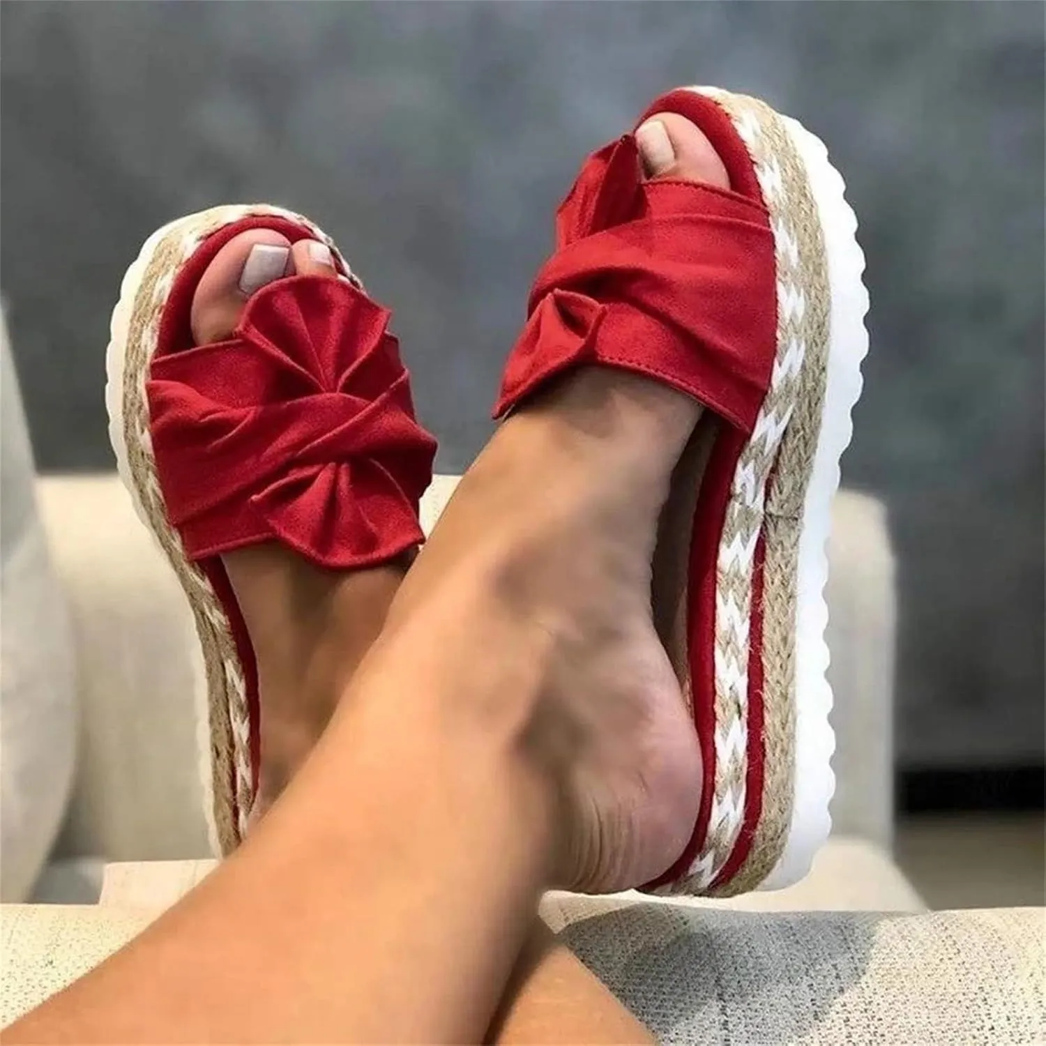 Wedge Sandals for Women Summer Cool Slip-on Bowknot Slides Espadrille Sandals Fashion Bohemian Platform Espadrilles Slip On Sandals Lightweight Breathable Walking Shoes Outdoor Shoes