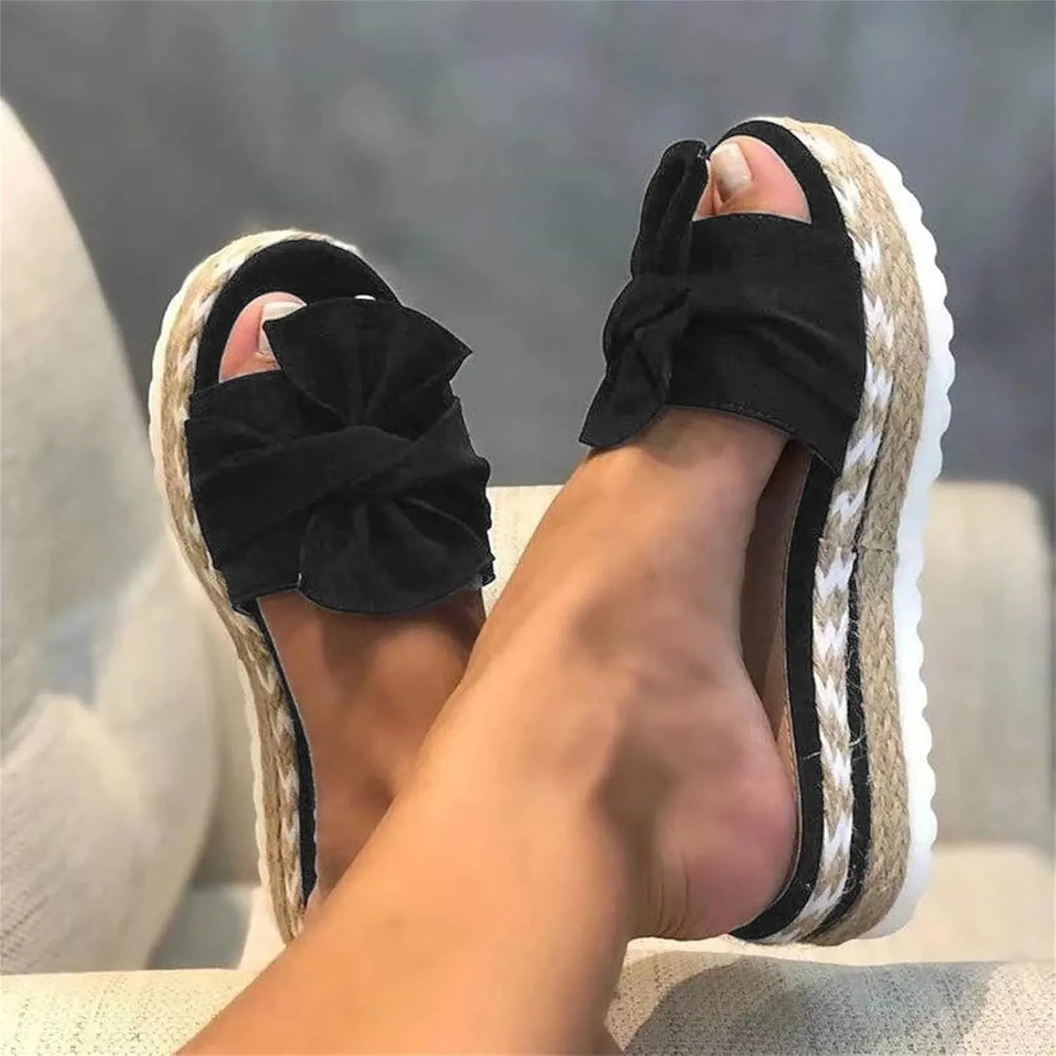 Wedge Sandals for Women Summer Cool Slip-on Bowknot Slides Espadrille Sandals Fashion Bohemian Platform Espadrilles Slip On Sandals Lightweight Breathable Walking Shoes Outdoor Shoes