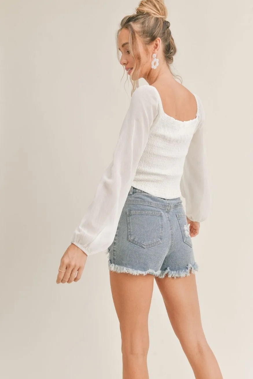 White Hawaiian Girl Mixed Media Top with Chiffon Sleeves - Stylish and Versatile