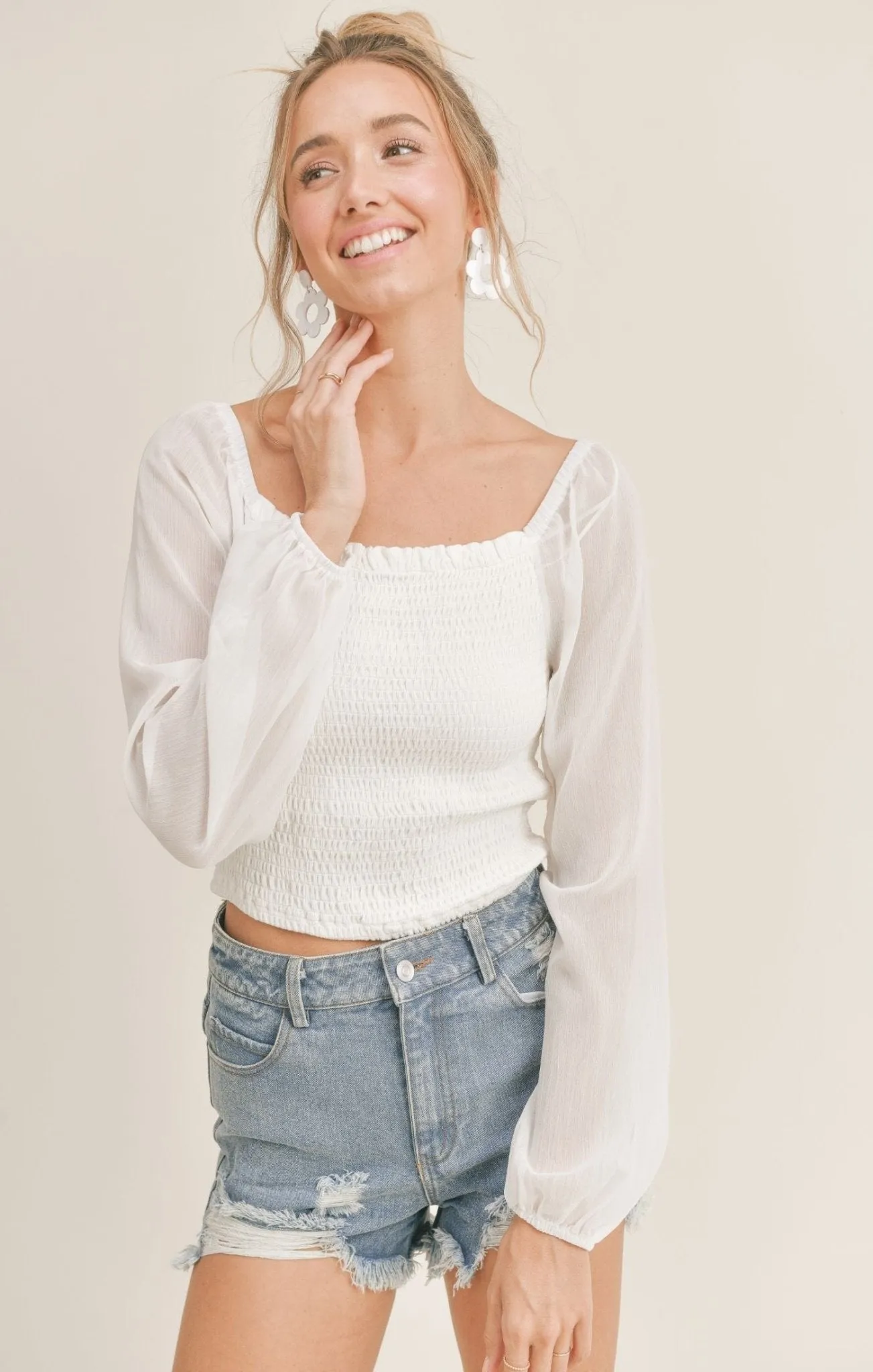 White Hawaiian Girl Mixed Media Top with Chiffon Sleeves - Stylish and Versatile