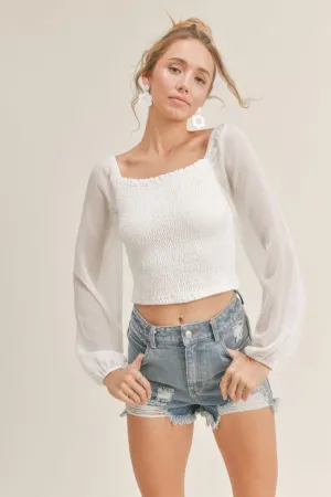 White Hawaiian Girl Mixed Media Top with Chiffon Sleeves - Stylish and Versatile