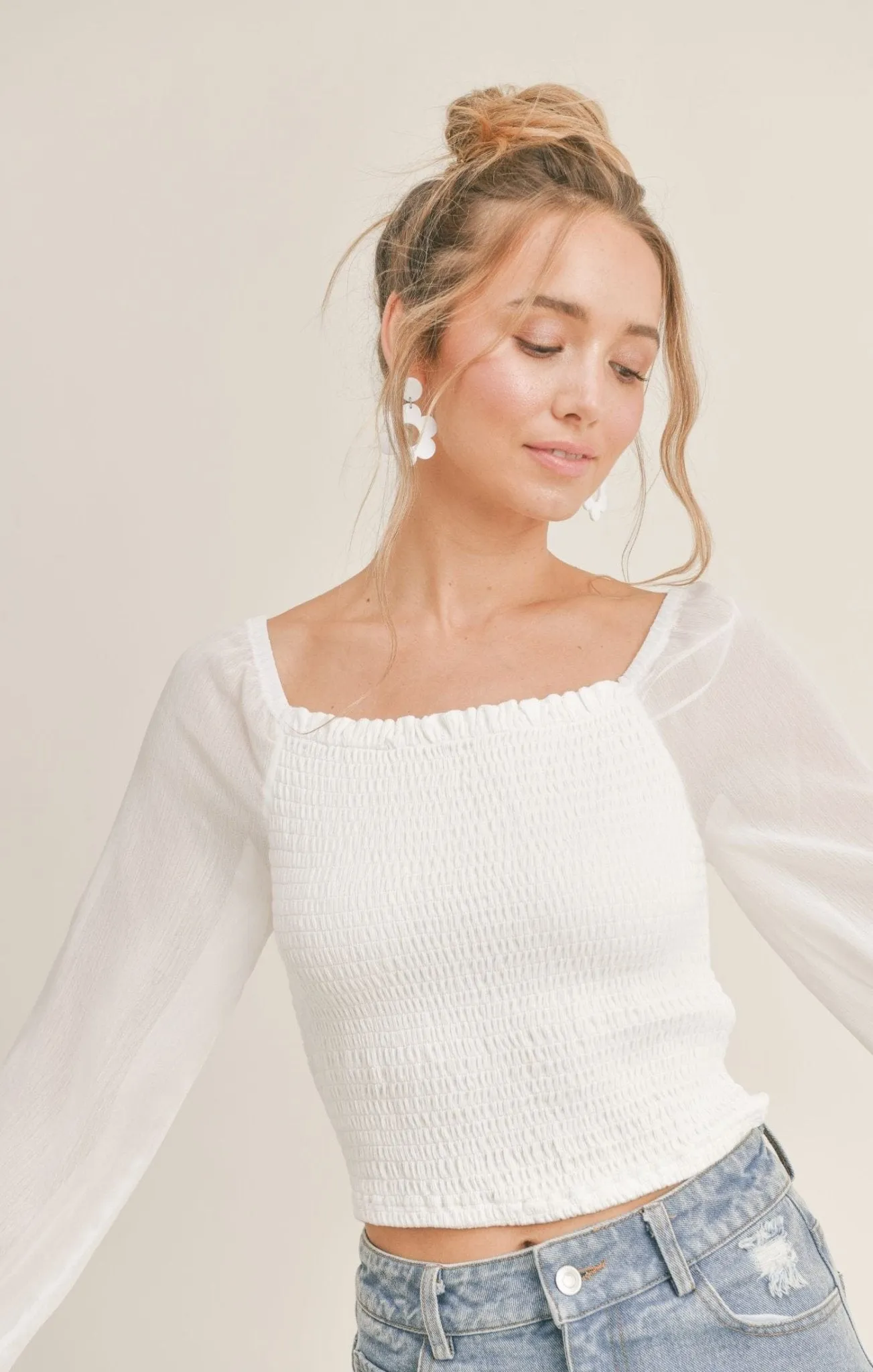 White Hawaiian Girl Mixed Media Top with Chiffon Sleeves - Stylish and Versatile
