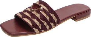 Women's Embroidered Slides Square Open Toe Sandals Casual Beach Flats Sandals