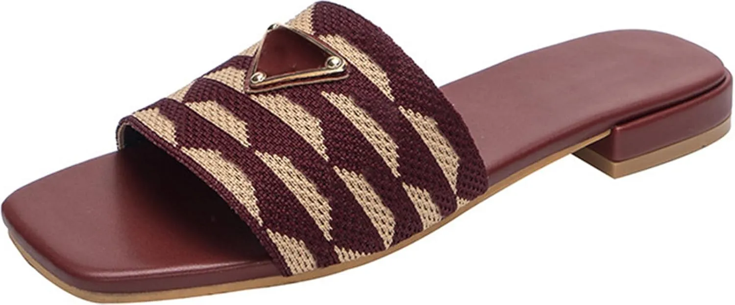 Women's Embroidered Slides Square Open Toe Sandals Casual Beach Flats Sandals