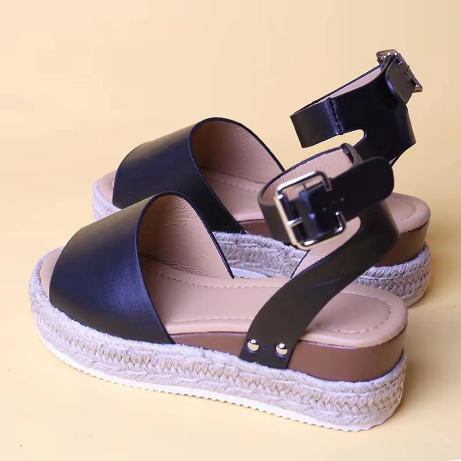 Womens Espadrilles Sandals Flats Open Toe Buckle Ankle Strap Flatform Wedge Sandals Studded Open Toe Sandal 2025