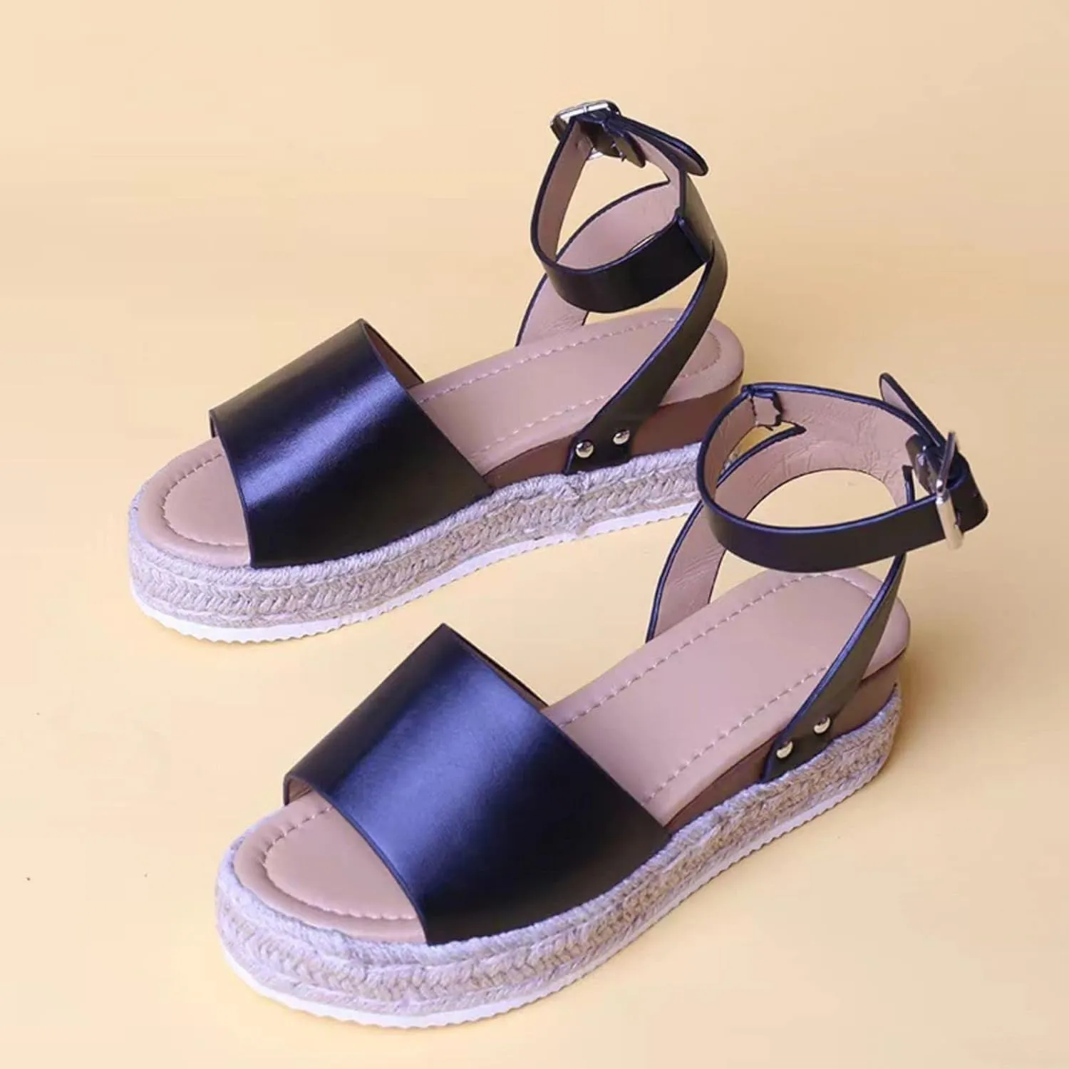 Womens Espadrilles Sandals Flats Open Toe Buckle Ankle Strap Flatform Wedge Sandals Studded Open Toe Sandal 2025