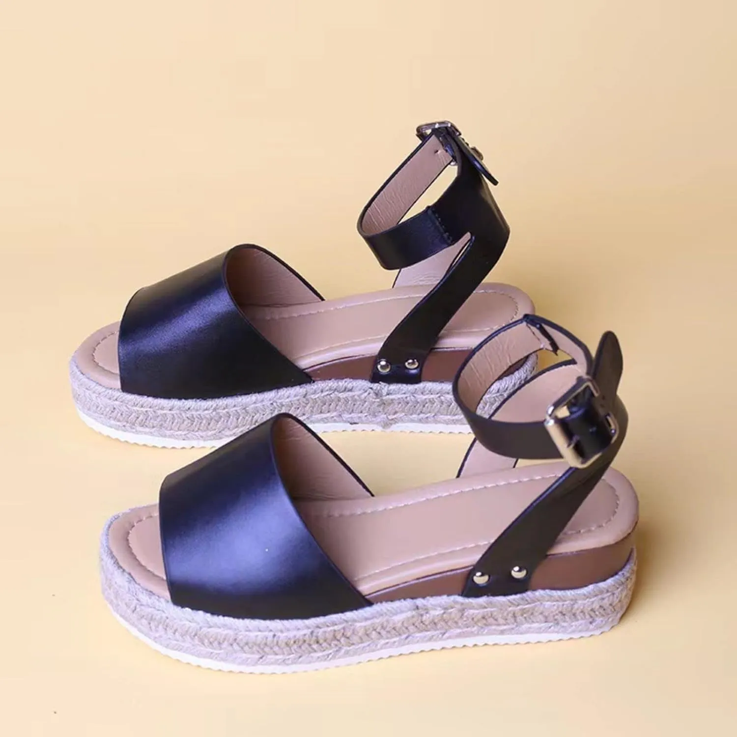 Womens Espadrilles Sandals Flats Open Toe Buckle Ankle Strap Flatform Wedge Sandals Studded Open Toe Sandal 2025