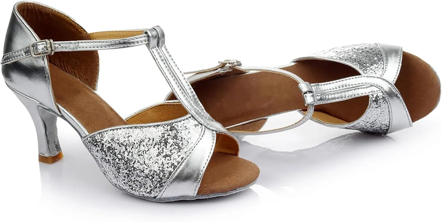 Women's Latin Dance Shoes Ballroom Performance Practice Dancing Shoes High Heels Women Slide Sandals Memory Foam