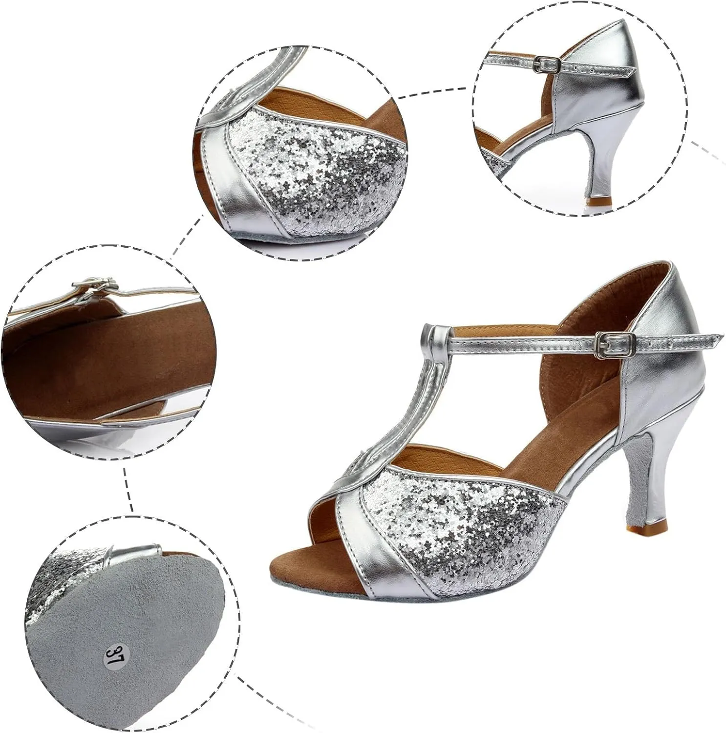 Women's Latin Dance Shoes Ballroom Performance Practice Dancing Shoes High Heels Women Slide Sandals Memory Foam