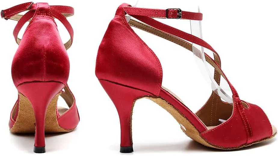 Women's Latin Dance Shoes High Heel Sandals Stain Professional Ballroom Salsa Practice Performance Dance Shoes Bachata Shoes PU Wedding Pumps Shoes with 7.5CM Heel