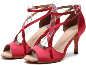 Women's Latin Dance Shoes High Heel Sandals Stain Professional Ballroom Salsa Practice Performance Dance Shoes Bachata Shoes PU Wedding Pumps Shoes with 7.5CM Heel