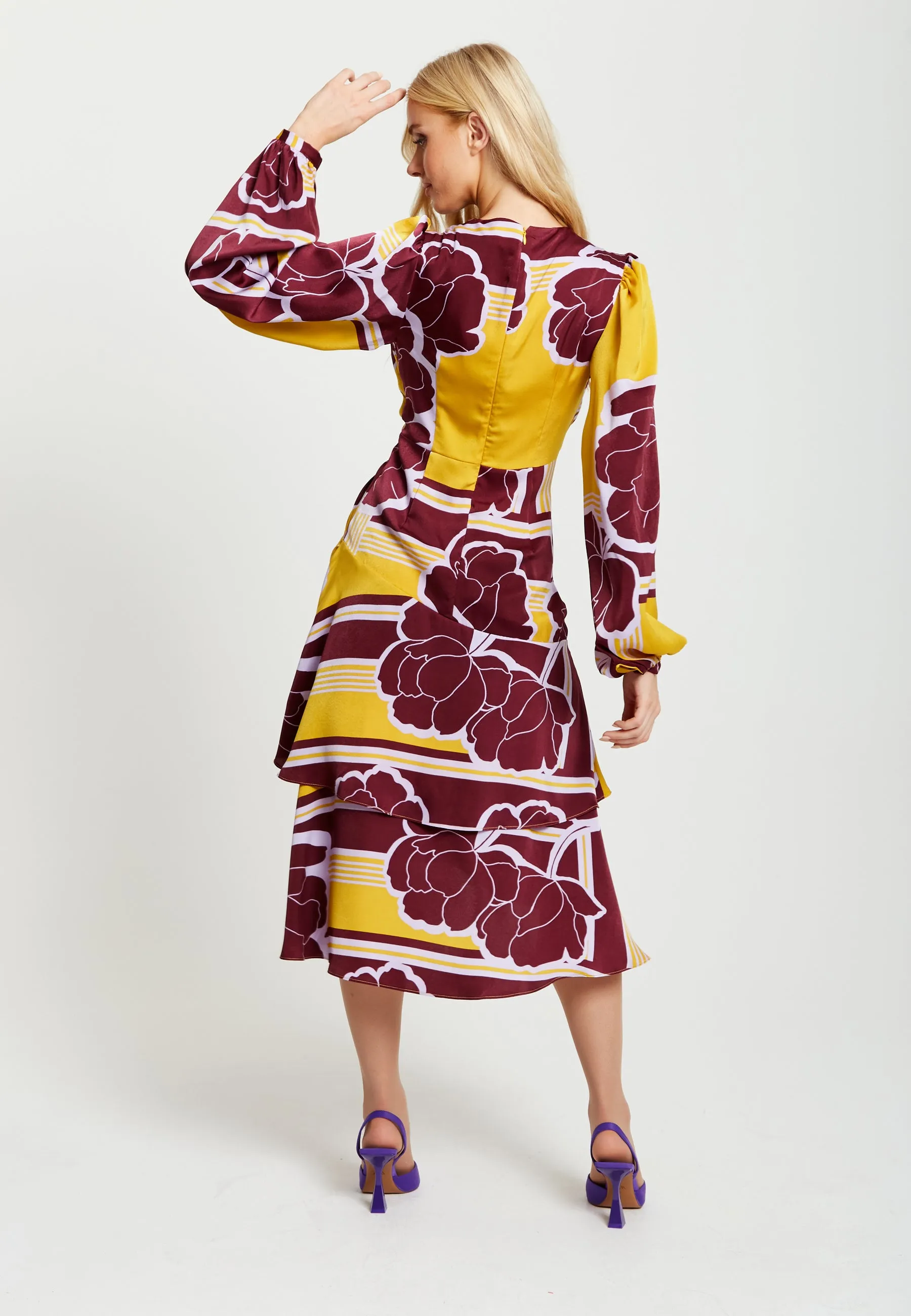 Women's Midi Wrap Dress in Mustard and Burgundy with Long Balloon Sleeves - Elegant Satin by Liquorish