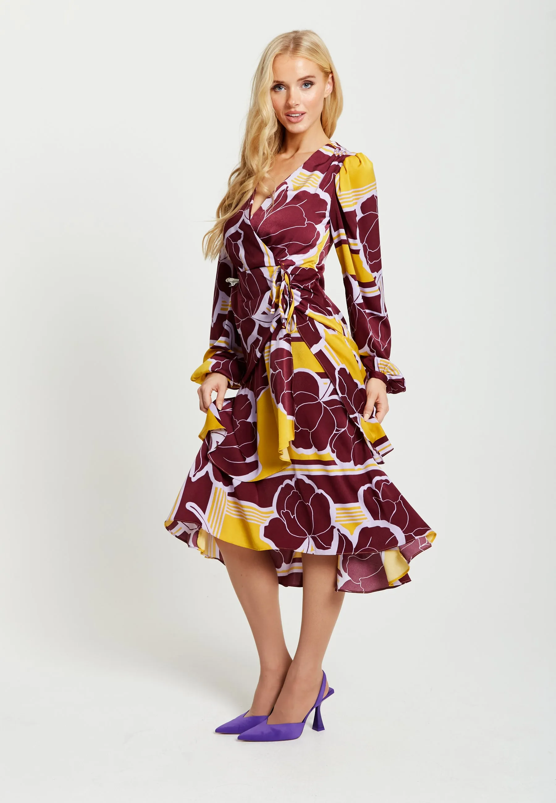 Women's Midi Wrap Dress in Mustard and Burgundy with Long Balloon Sleeves - Elegant Satin by Liquorish