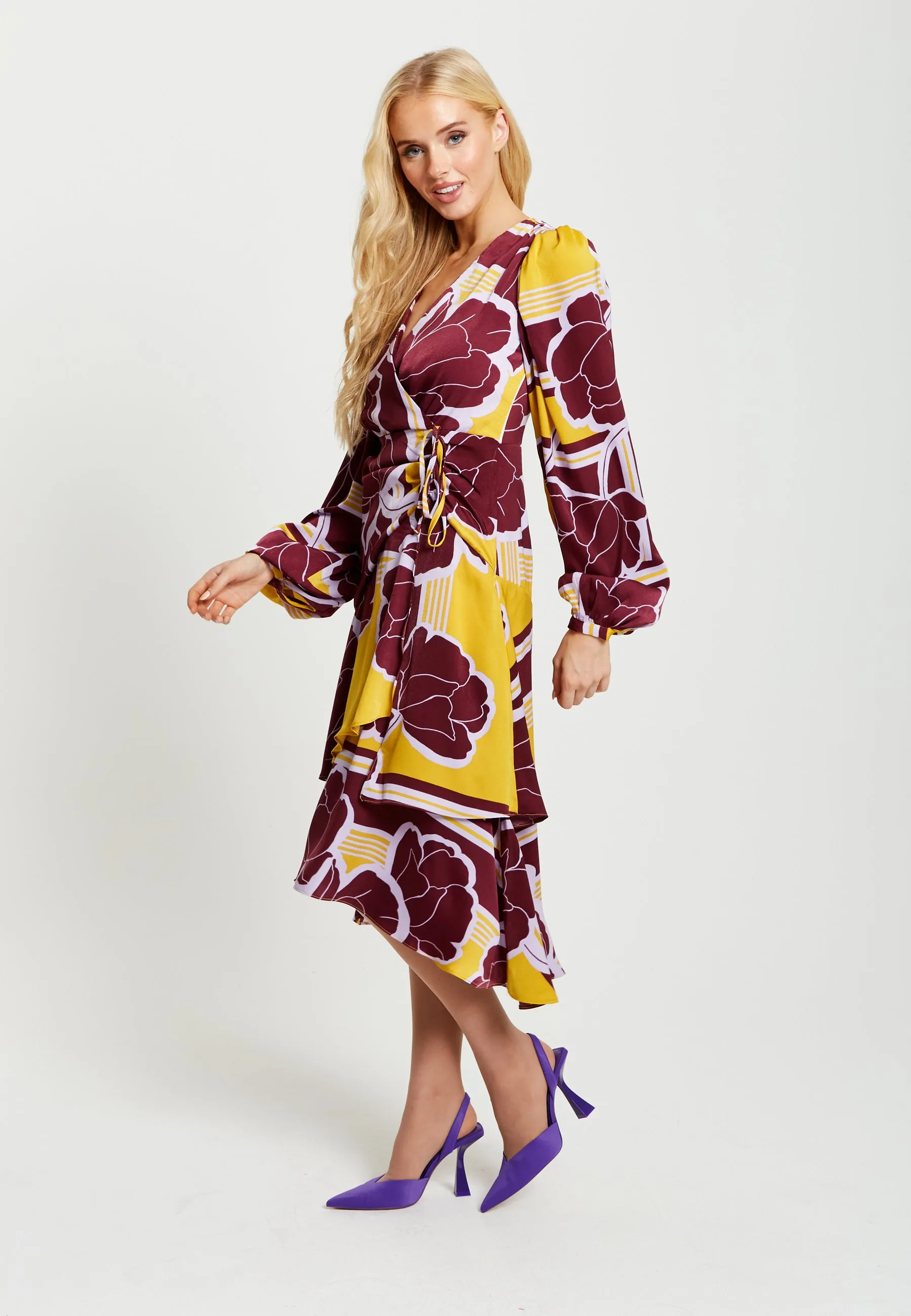 Women's Midi Wrap Dress in Mustard and Burgundy with Long Balloon Sleeves - Elegant Satin by Liquorish