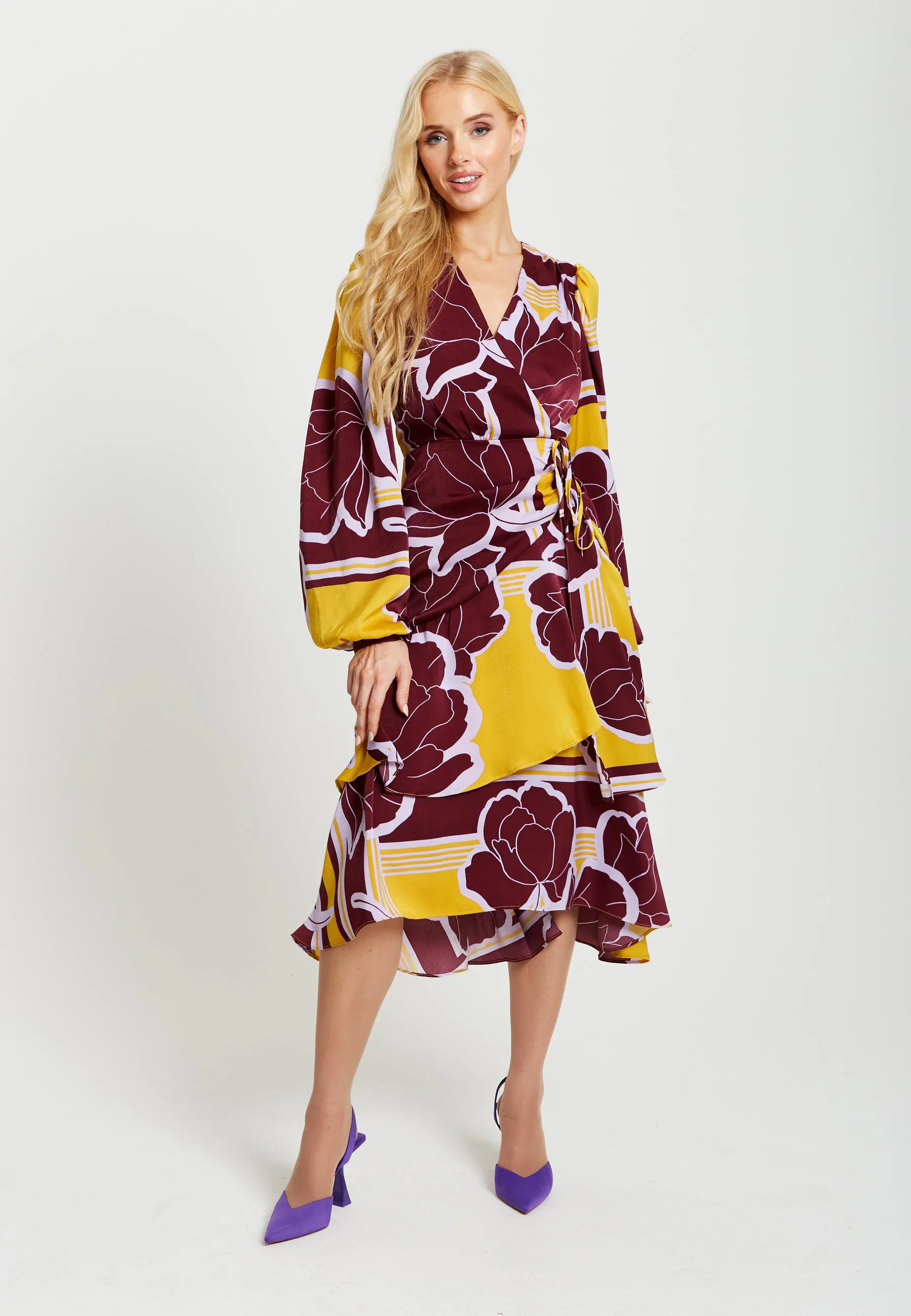 Women's Midi Wrap Dress in Mustard and Burgundy with Long Balloon Sleeves - Elegant Satin by Liquorish