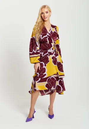 Women's Midi Wrap Dress in Mustard and Burgundy with Long Balloon Sleeves - Elegant Satin by Liquorish