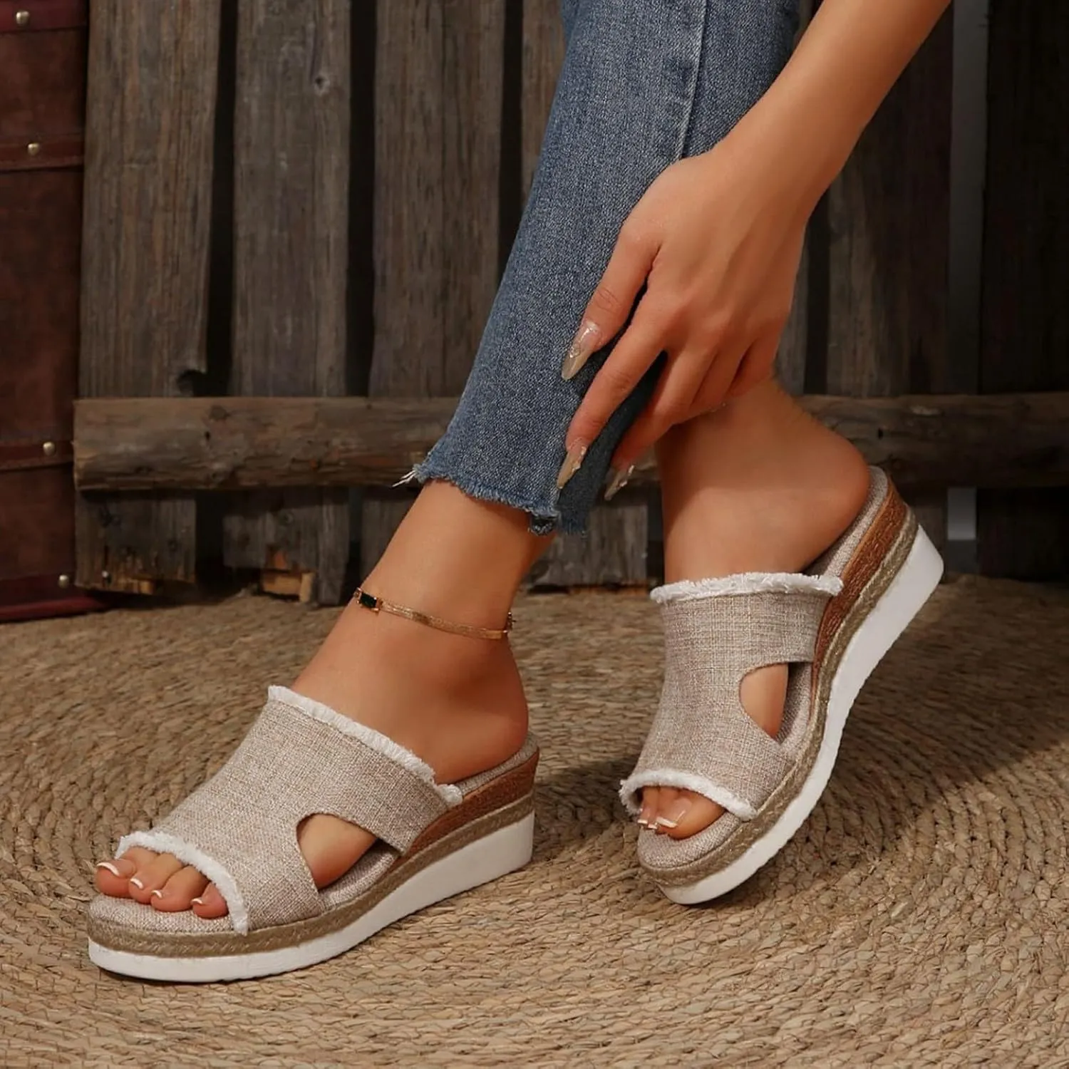 Women's Orthopedic Arch Support Platform Wedge Sandals 2025 Open Toe Slip-On Slides Wedge Heel Platform Comfortable Woven Espadrilles Slippers Wide Width Walking Dress Shoes for Party