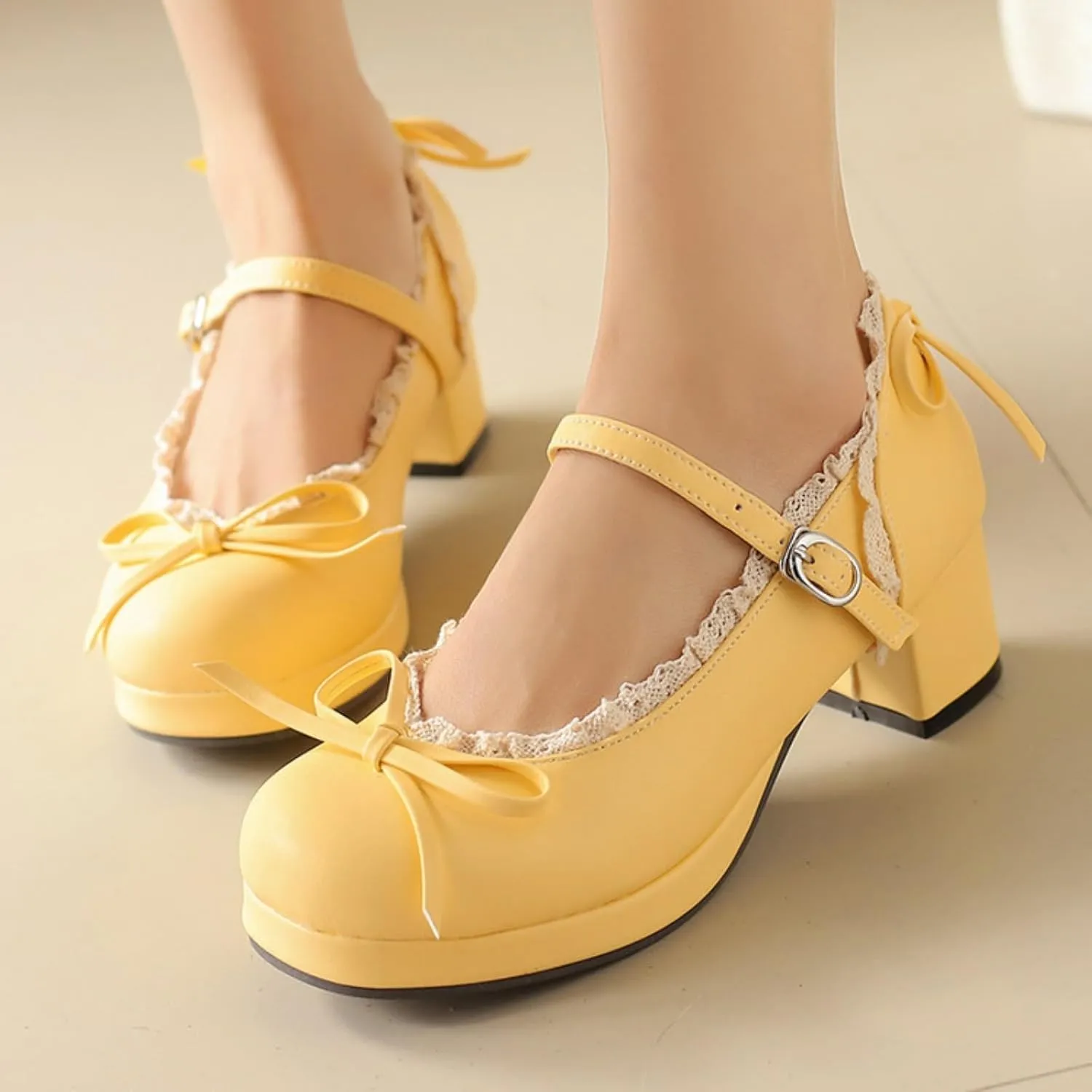 Women's Platform Mary Janes Cute Sweet Bow Lolita Oxfords Shoes Fashion Lace Round Closed Toe Ankle Strap Buckle Low Chunky Heel Block Wedding Party Prom Dress Pumps