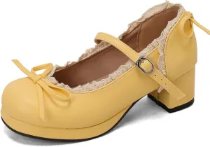 Women's Platform Mary Janes Cute Sweet Bow Lolita Oxfords Shoes Fashion Lace Round Closed Toe Ankle Strap Buckle Low Chunky Heel Block Wedding Party Prom Dress Pumps