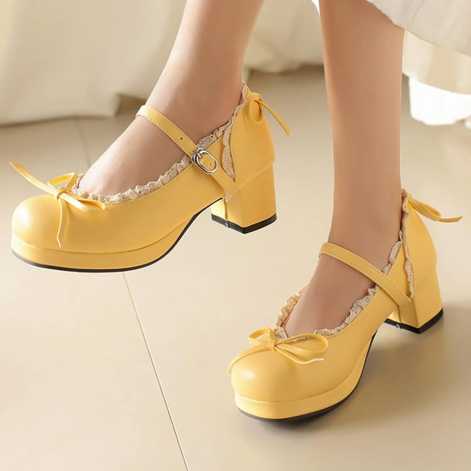 Women's Platform Mary Janes Cute Sweet Bow Lolita Oxfords Shoes Fashion Lace Round Closed Toe Ankle Strap Buckle Low Chunky Heel Block Wedding Party Prom Dress Pumps
