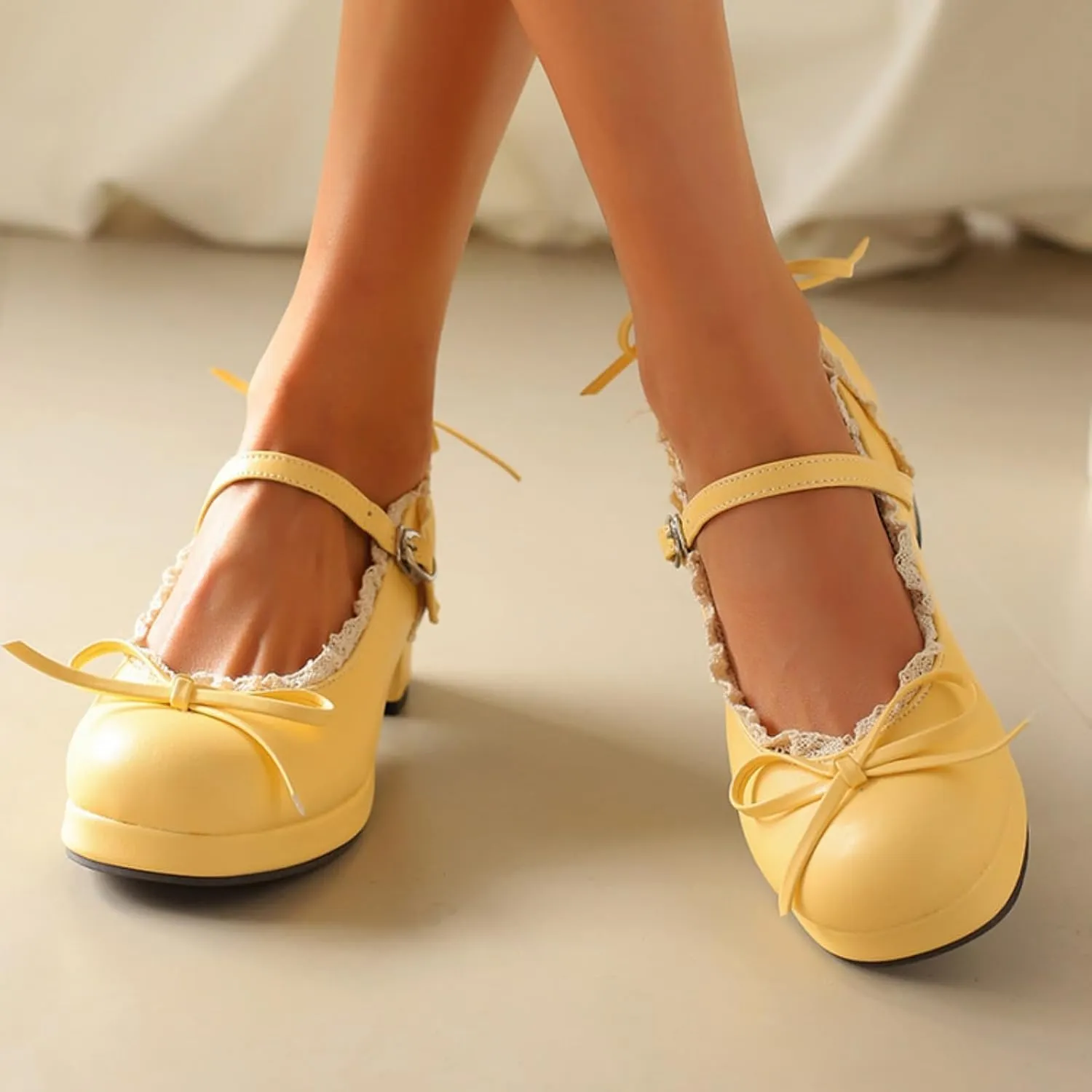 Women's Platform Mary Janes Cute Sweet Bow Lolita Oxfords Shoes Fashion Lace Round Closed Toe Ankle Strap Buckle Low Chunky Heel Block Wedding Party Prom Dress Pumps