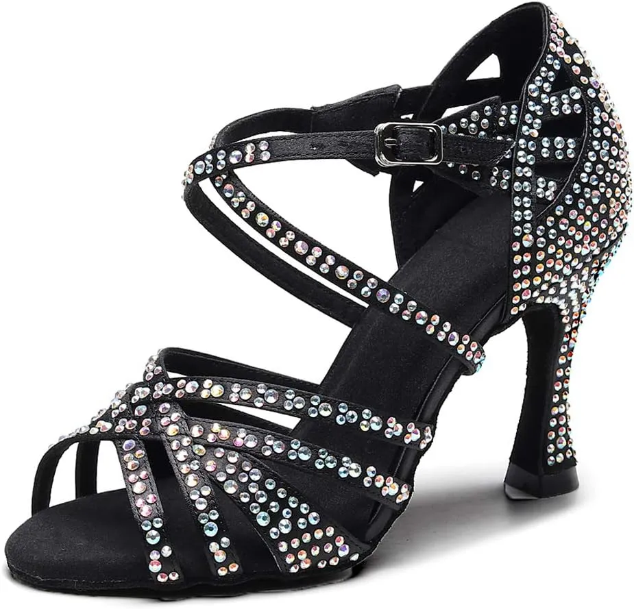 Women's Rhinestone Latin Dance Shoes 3.5 inch Heel Professional Open Toe Ballroom Salsa Social Dance Heels