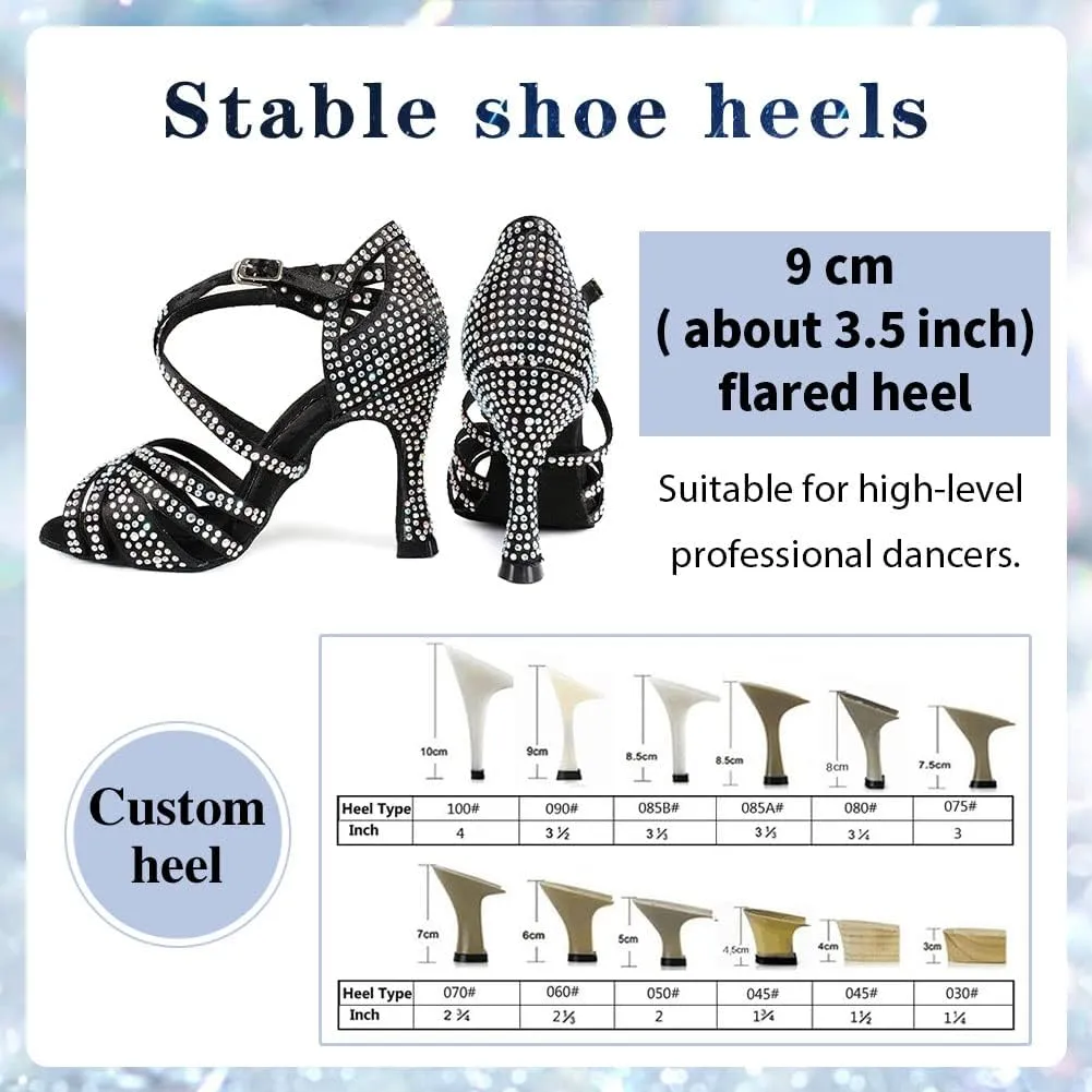 Women's Rhinestone Latin Dance Shoes 3.5 inch Heel Professional Open Toe Ballroom Salsa Social Dance Heels