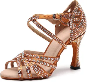 Women's Rhinestone Latin Dance Shoes 3.5 inch Heel Professional Open Toe Ballroom Salsa Social Dance Heels