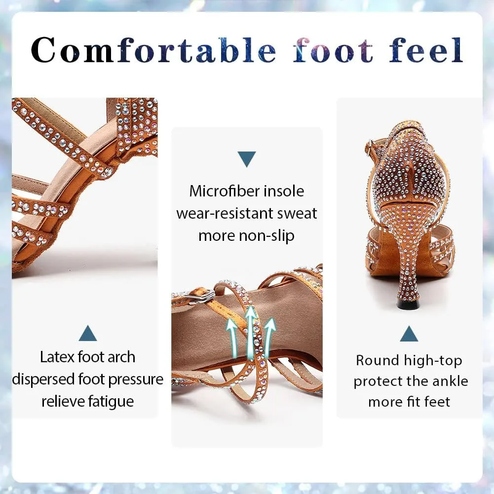 Women's Rhinestone Latin Dance Shoes 3.5 inch Heel Professional Open Toe Ballroom Salsa Social Dance Heels
