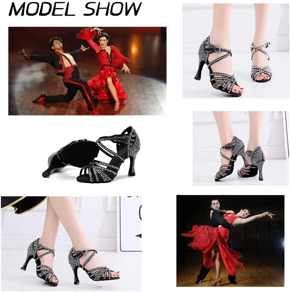 Women's Rhinestone Latin Dance Shoes 3.5 inch Heel Professional Open Toe Ballroom Salsa Social Dance Heels