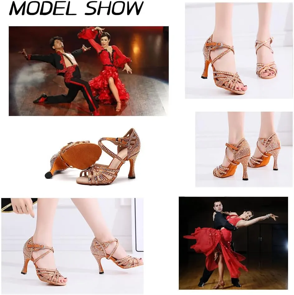 Women's Rhinestone Latin Dance Shoes 3.5 inch Heel Professional Open Toe Ballroom Salsa Social Dance Heels