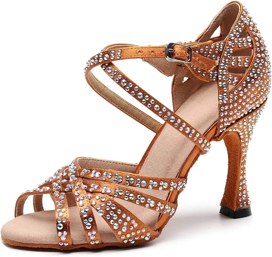Women's Rhinestone Latin Dance Shoes 3.5 inch Heel Professional Open Toe Ballroom Salsa Social Dance Heels