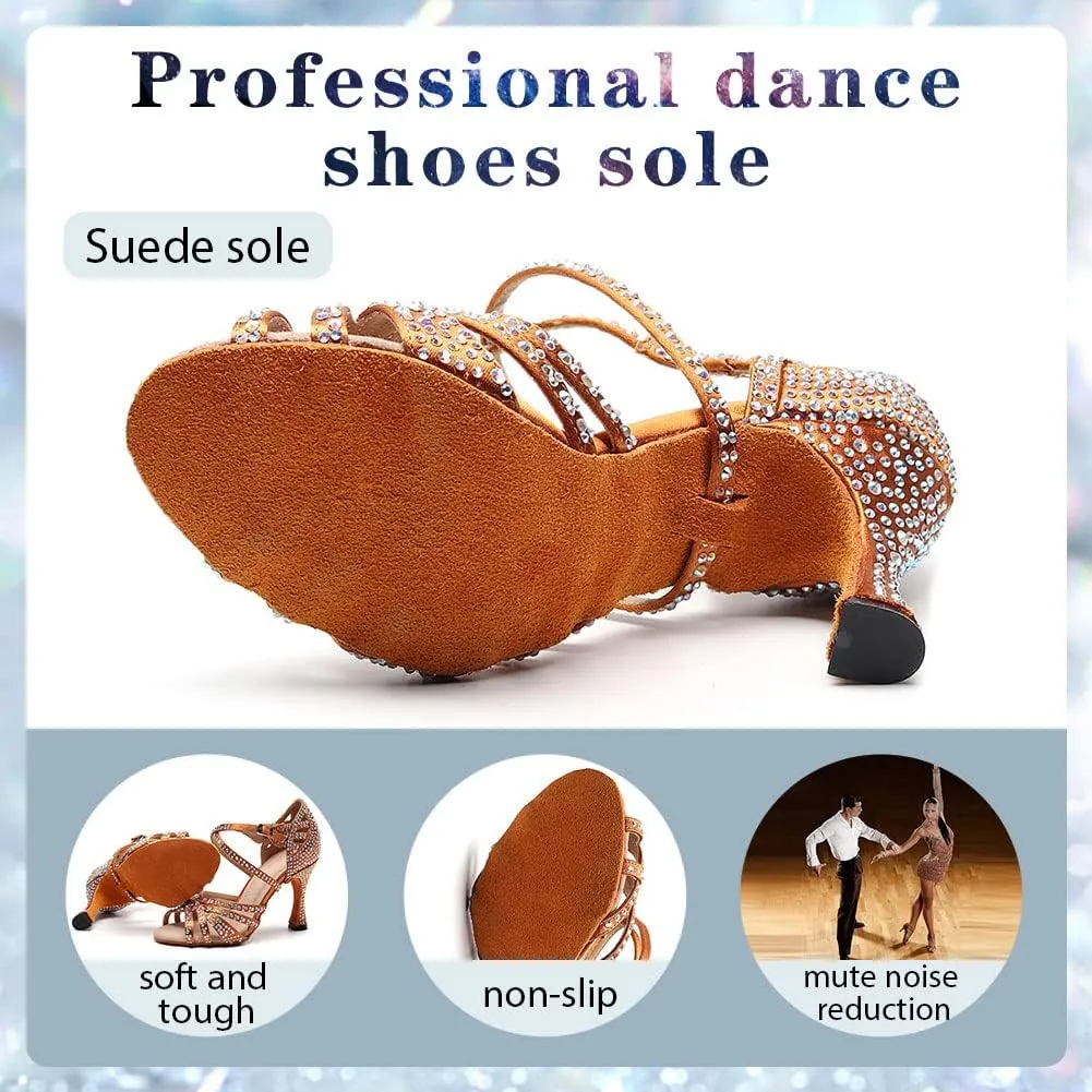 Women's Rhinestone Latin Dance Shoes 3.5 inch Heel Professional Open Toe Ballroom Salsa Social Dance Heels