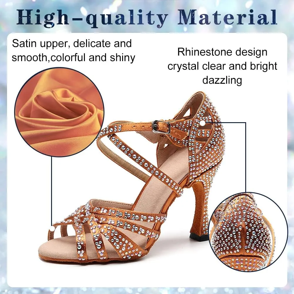Women's Rhinestone Latin Dance Shoes 3.5 inch Heel Professional Open Toe Ballroom Salsa Social Dance Heels