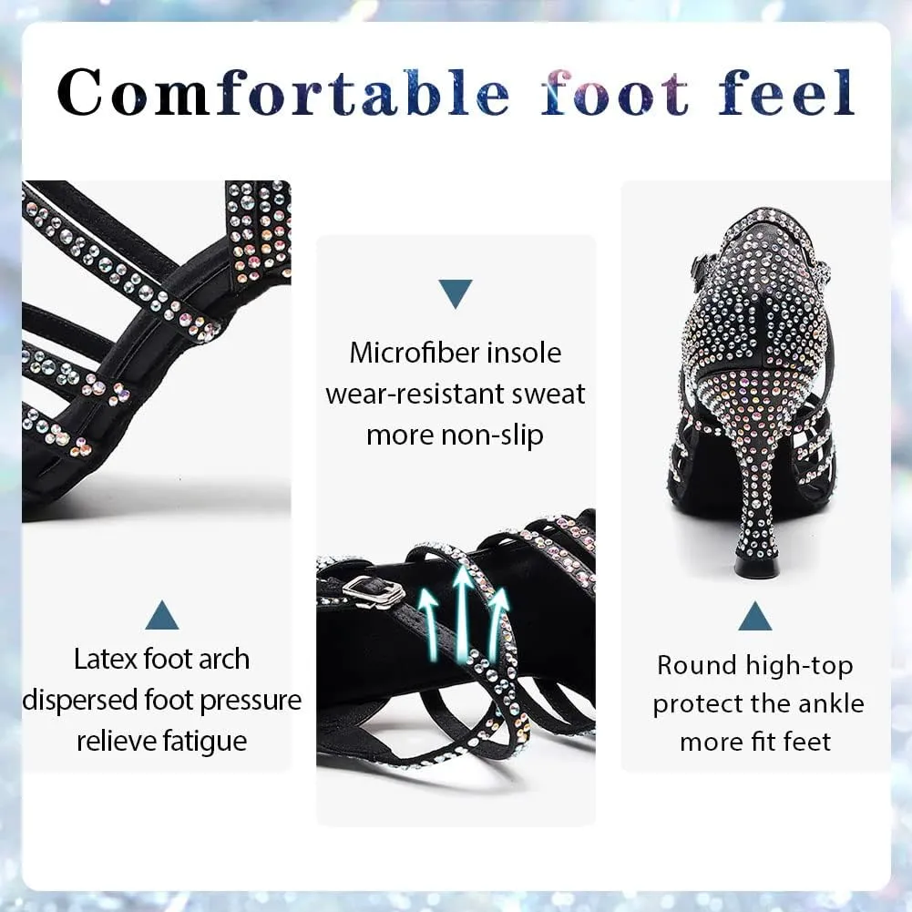 Women's Rhinestone Latin Dance Shoes 3.5 inch Heel Professional Open Toe Ballroom Salsa Social Dance Heels