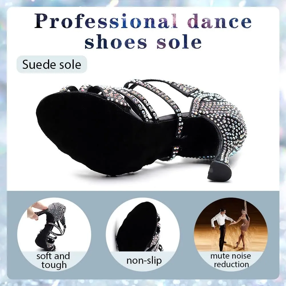 Women's Rhinestone Latin Dance Shoes 3.5 inch Heel Professional Open Toe Ballroom Salsa Social Dance Heels