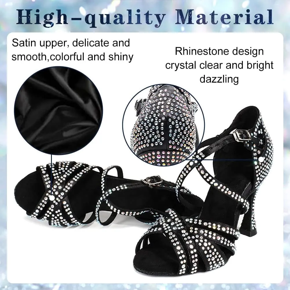Women's Rhinestone Latin Dance Shoes 3.5 inch Heel Professional Open Toe Ballroom Salsa Social Dance Heels