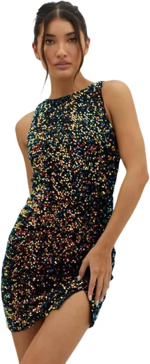 Women's Sexy Backless Sparkly Sequin Mini Dress Split Hem Glitter Velvet Tank Dress Prom Party Cocktail Dress