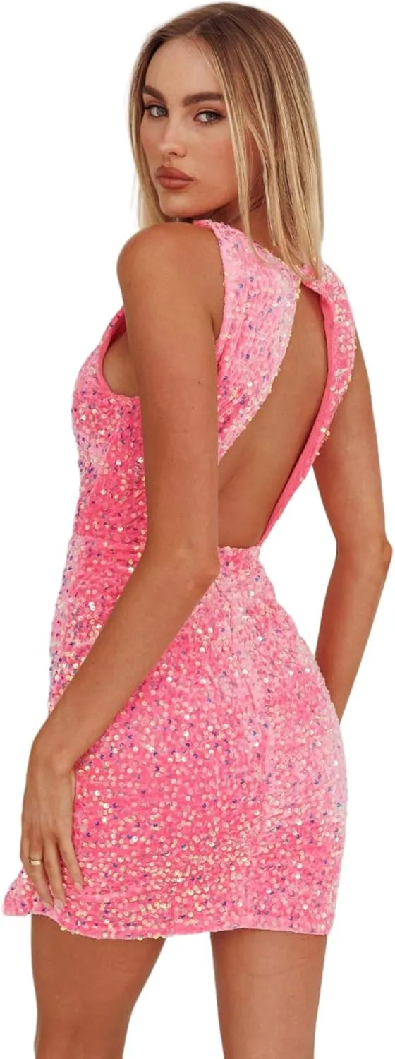 Women's Sexy Backless Sparkly Sequin Mini Dress Split Hem Glitter Velvet Tank Dress Prom Party Cocktail Dress