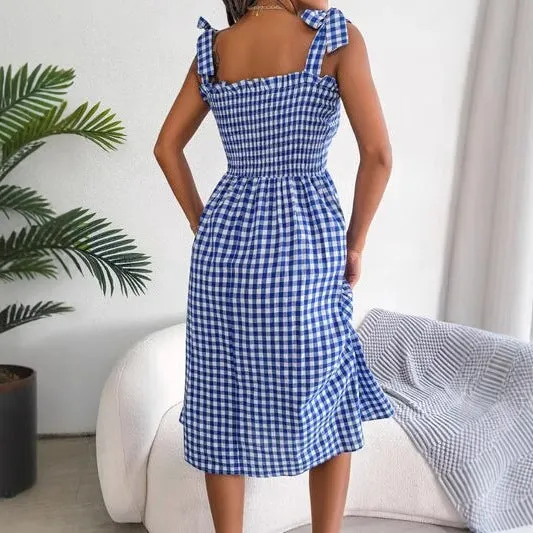 Womens Sundress  Checked Pattern  Smocked Bodice  Bow Strap  Midi Slim Fit