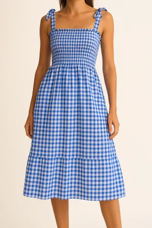 Womens Sundress  Checked Pattern  Smocked Bodice  Bow Strap  Midi Slim Fit