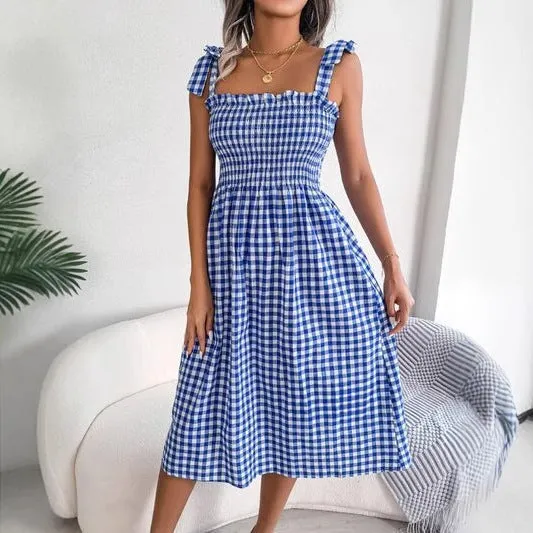 Womens Sundress  Checked Pattern  Smocked Bodice  Bow Strap  Midi Slim Fit