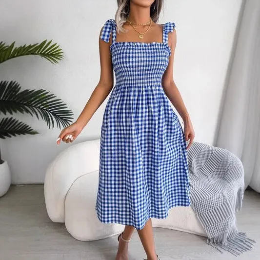 Womens Sundress  Checked Pattern  Smocked Bodice  Bow Strap  Midi Slim Fit