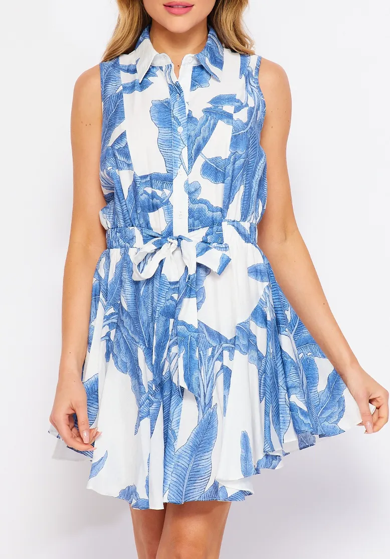 Woven Palm Print Sleeveless Button-down Mini Dress