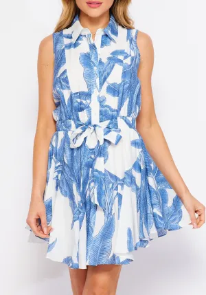 Woven Palm Print Sleeveless Button-down Mini Dress