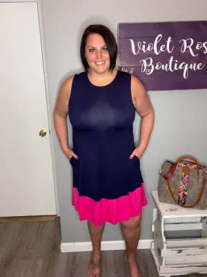 Yelete Full Size Two-Tone Sleeveless Mini Dress with Pockets