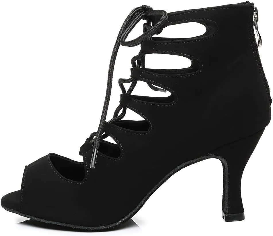 YKXLM Women Open Toe Dance Boots Latin Salsa Ballroom Lace-up Ankle Dance Shoes,YCL456